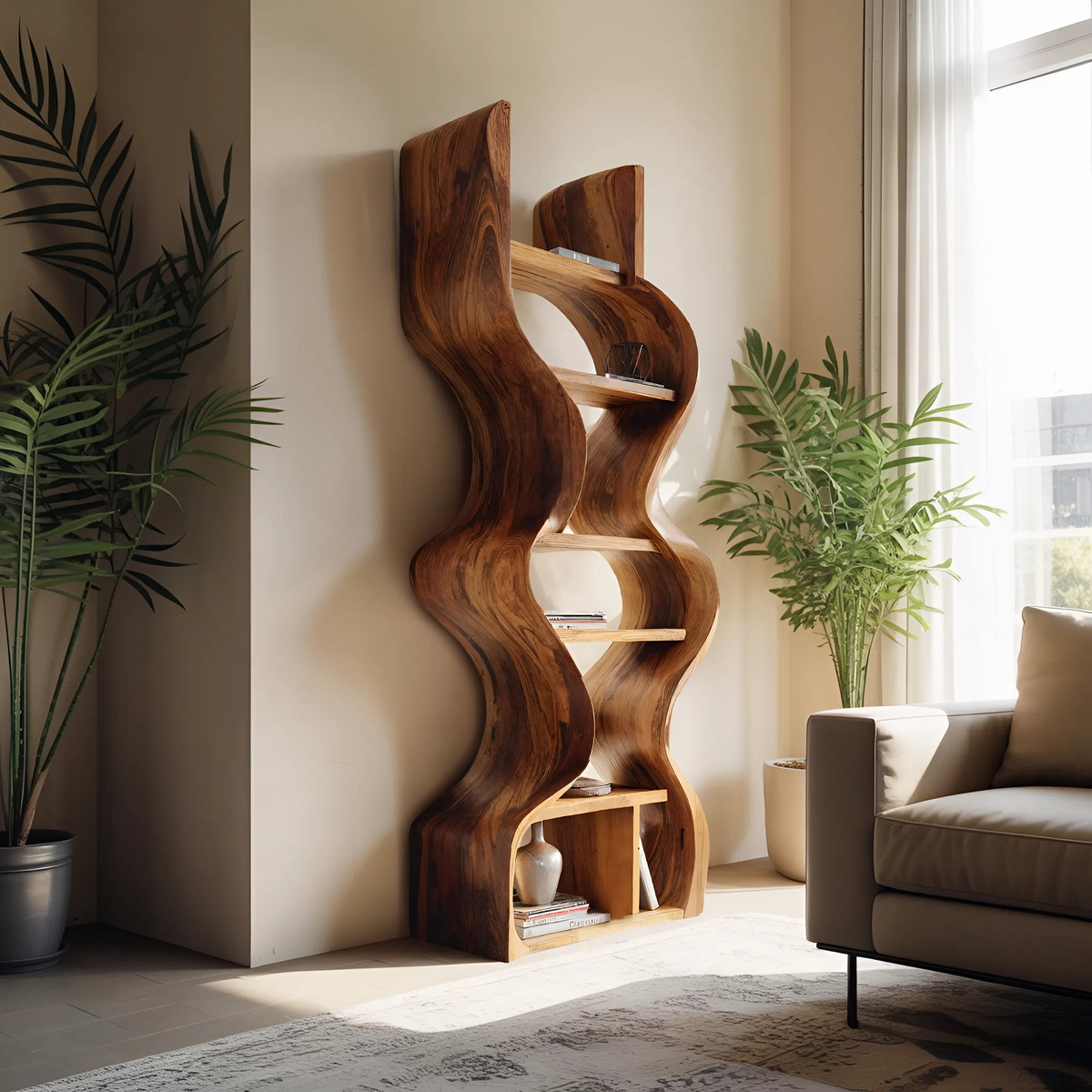 Organic Solid Wood Wall Bookcase For Modern Entryway