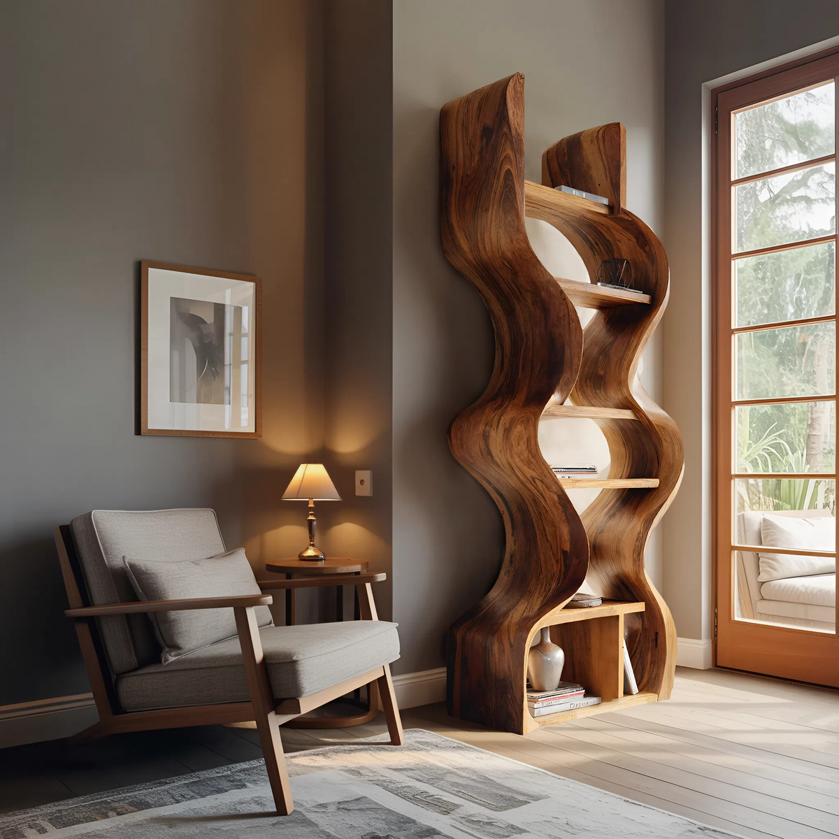 Organic Solid Wood Wall Bookcase For Modern Entryway