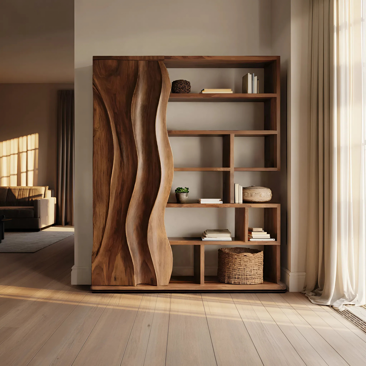 Modern Bookshelf With Wave Door For Home Decor