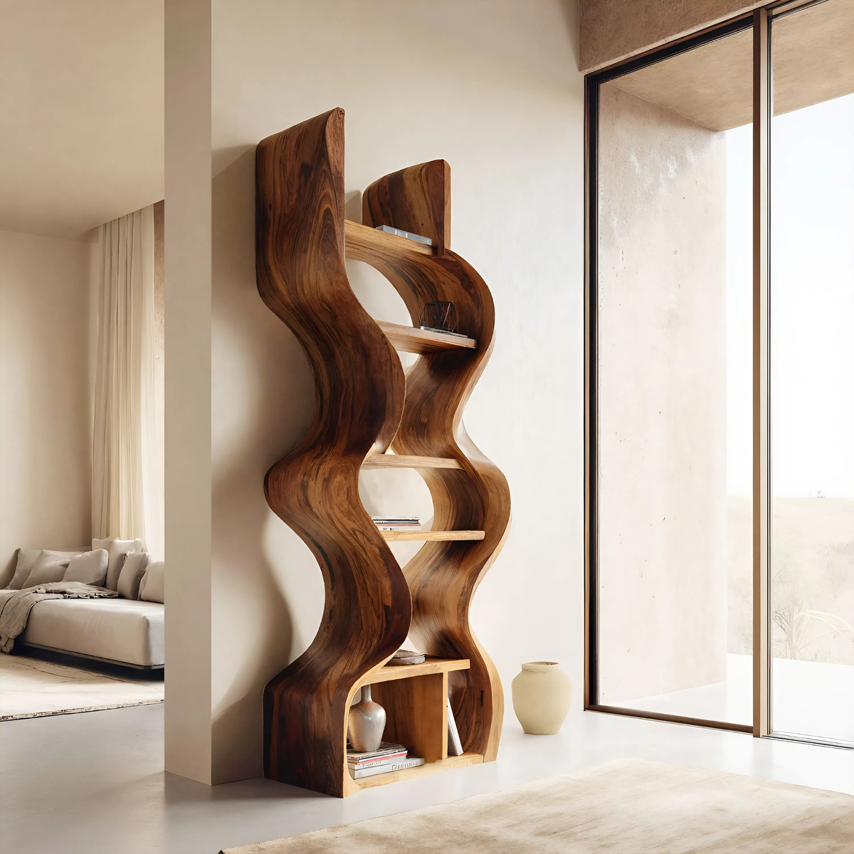 Organic Solid Wood Wall Bookcase For Modern Entryway