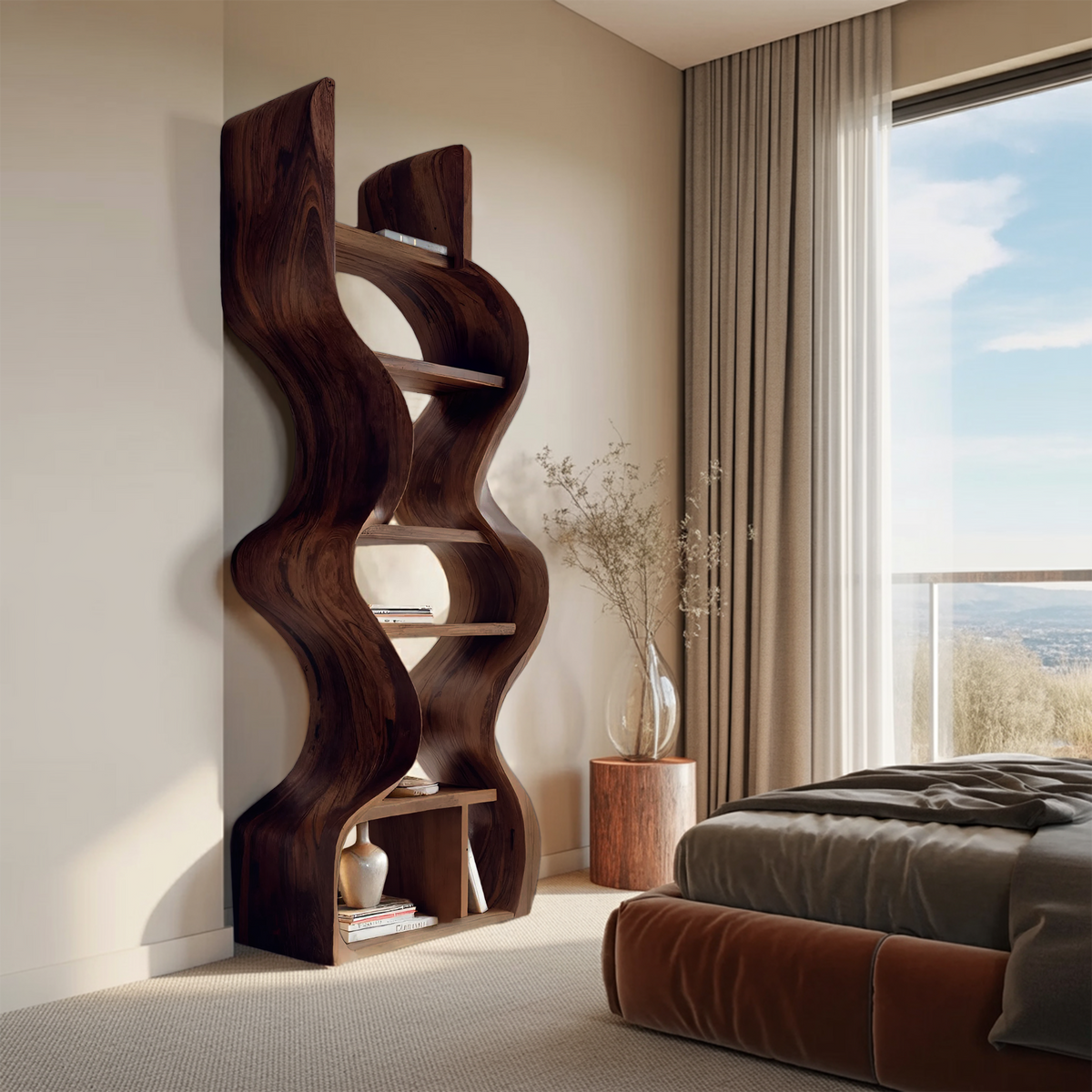 Organic Solid Wood Wall Bookcase For Modern Entryway