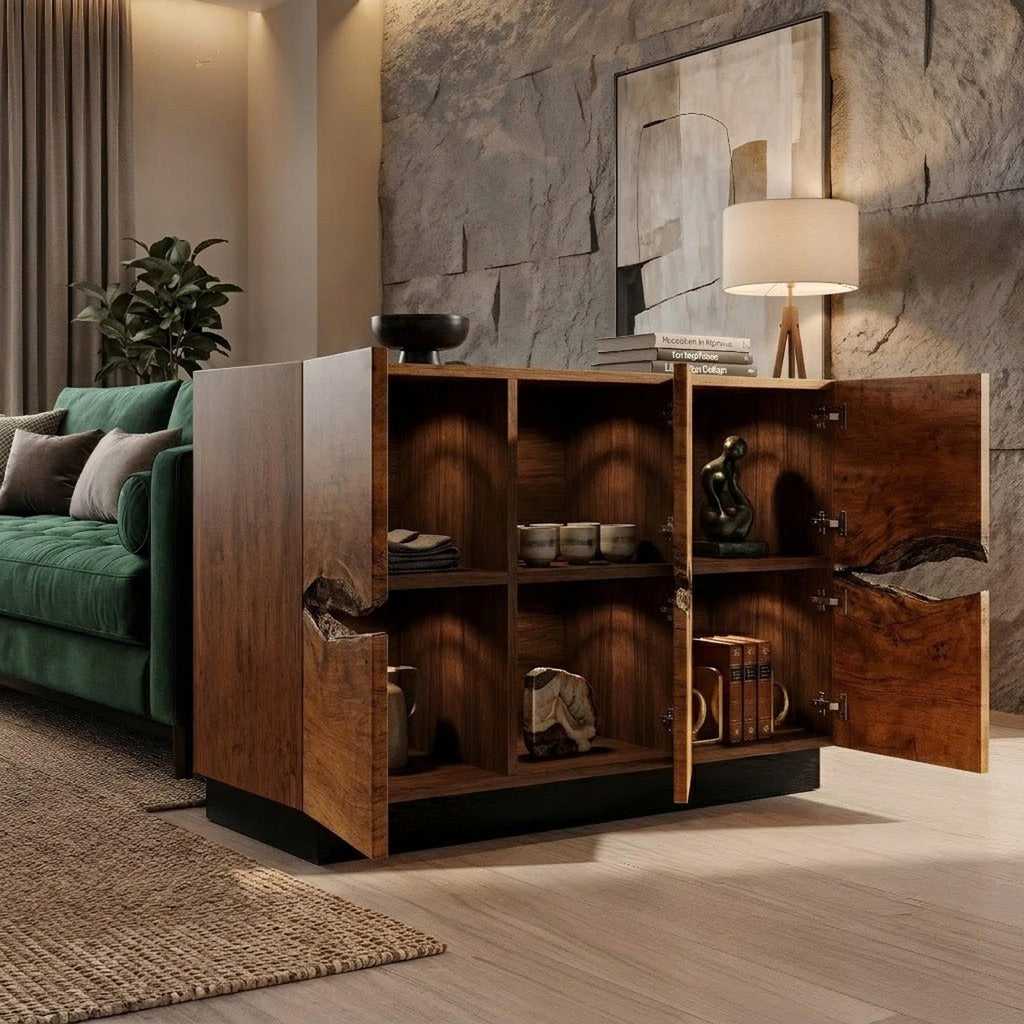 Modern Storage Cabinet With Artistic Carved Wood Doors For Entryway